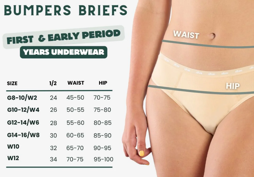 Eltee Period Undies for Girls with size chart and bamboo fabric details.