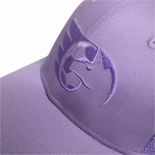 Purple trucker cap with embroidered logo, cotton-rich material, mesh back, and snapback closure.